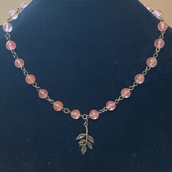 Cute Cherry Quartz Bronze Leaf Branch Pendant Adjustable Choker - Picture 3 of 16